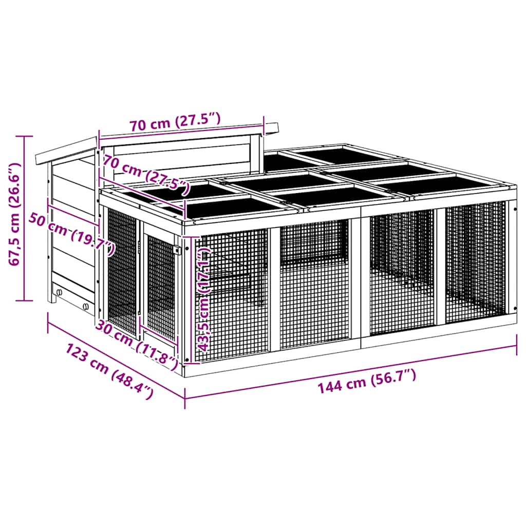 Kavez za zečeve sivi 144 x 123 x 67,5 cm od masivne borovine
