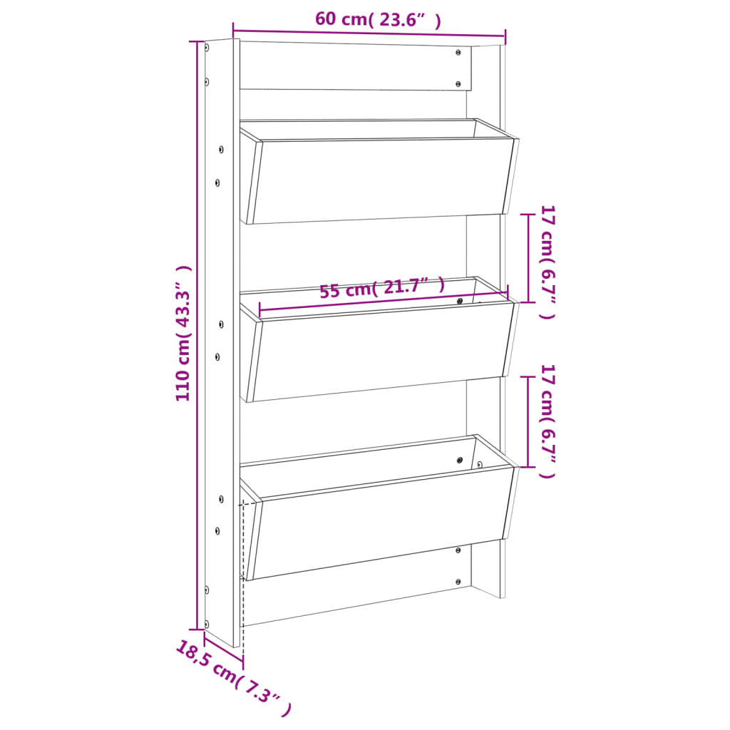 Zidna sadilica s 3 razine 60 x 18,5 x 110 cm crna od borovine