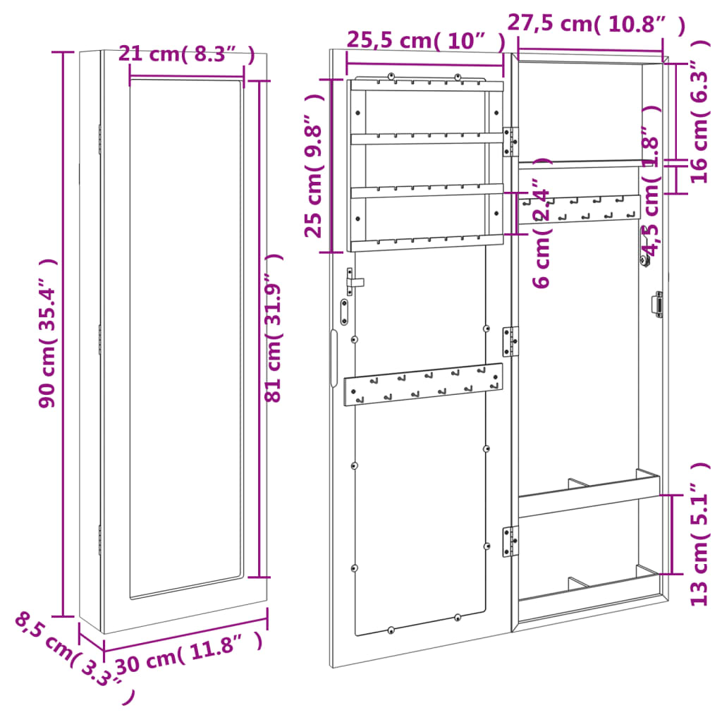 Zidni ormarić za nakit s ogledalom 30 x 8,5 x 90 cm