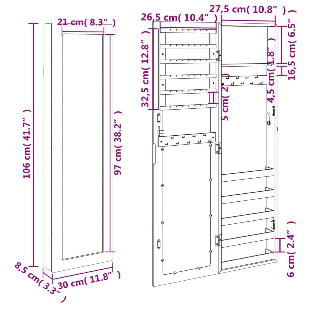 Zidni ormarić za nakit s ogledalom crni 30 x 8,5 x 106 cm