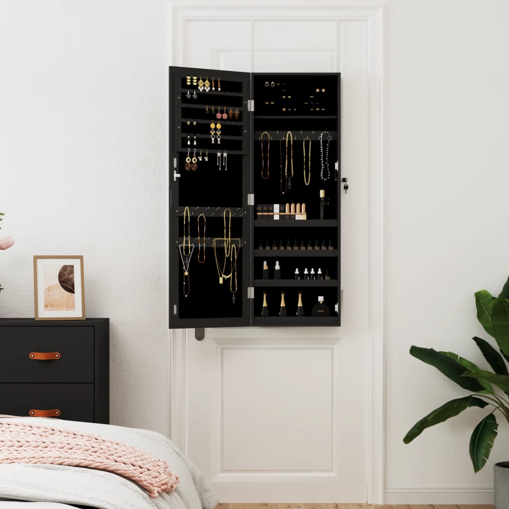 Zidni ormarić za nakit s ogledalom crni 37,5 x 10 x 106 cm