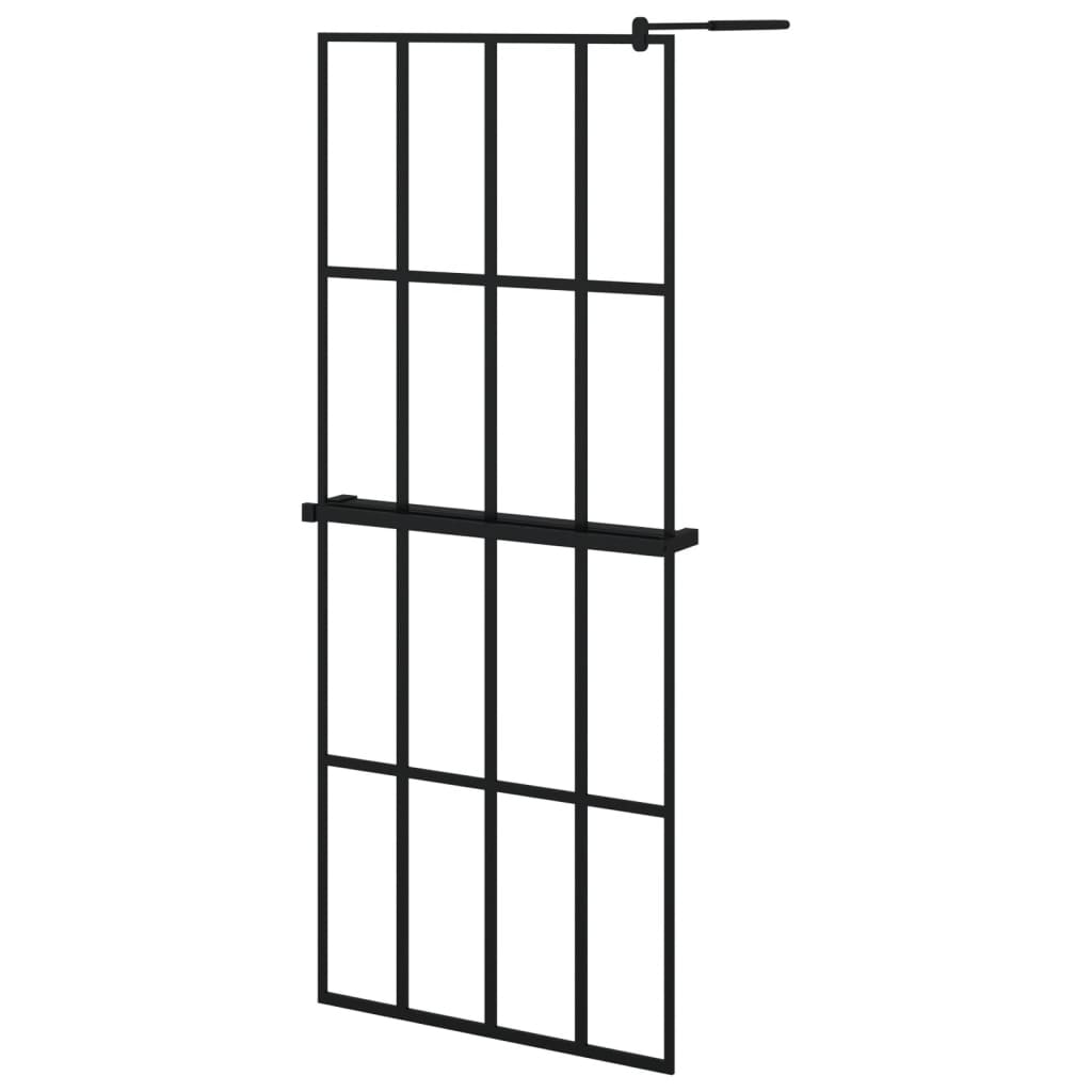 Pregrada za tuš s policom crna 80 x 195 cm s mutnim staklom ESG