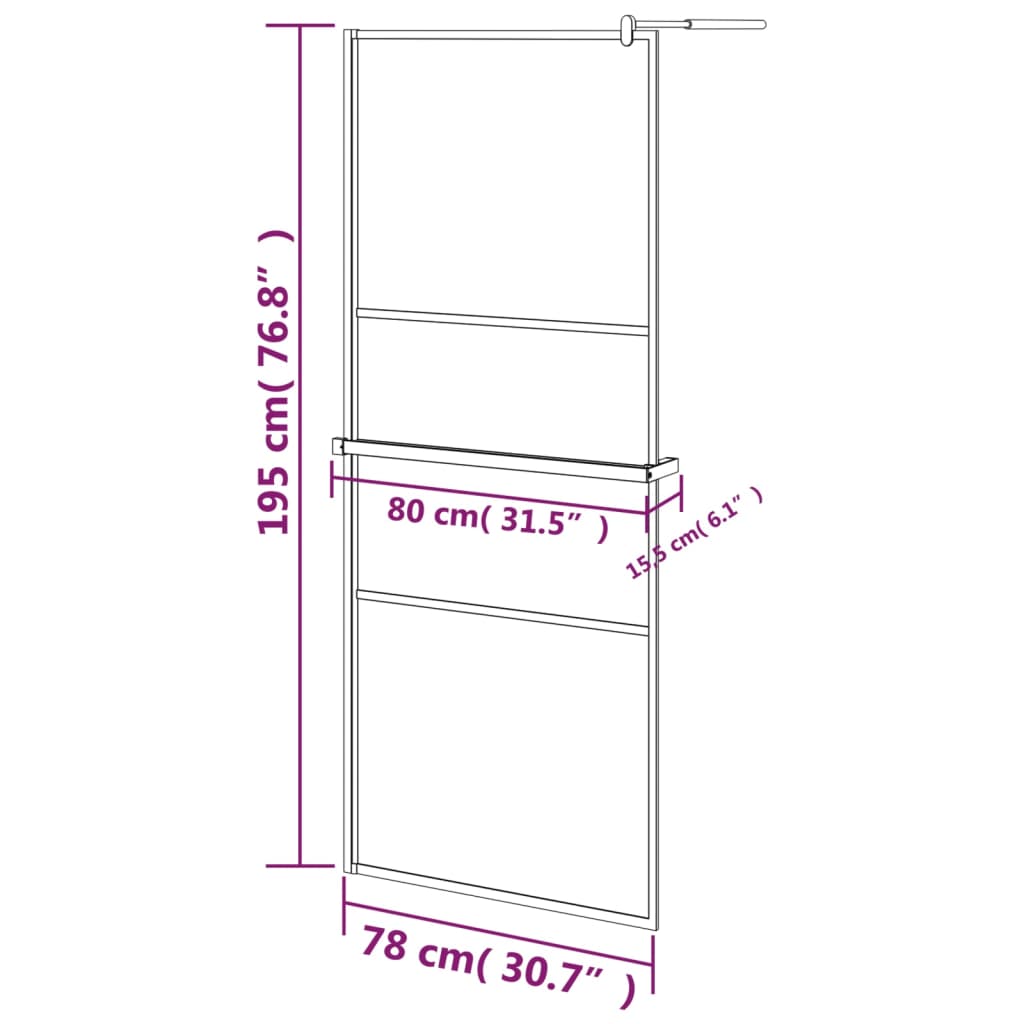 Pregrada za tuš s policom crna 80 x 195 cm s mutnim staklom ESG