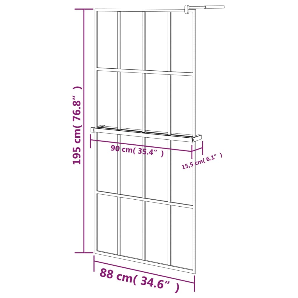 Pregrada za tuš s policom crna 90x195 cm staklo ESG i aluminij