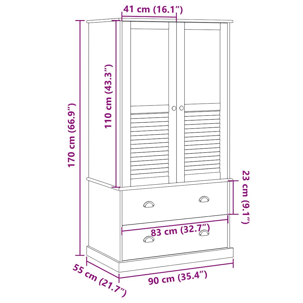 Ormar VIGO bijeli 90 x 55 x 170 cm od masivne borovine