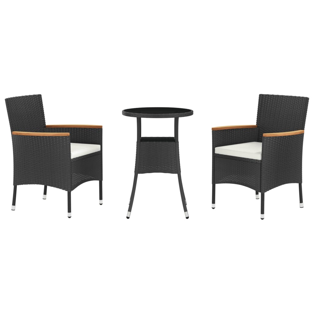 3-dijelni vrtni bistro set od poliratana s jastucima crni