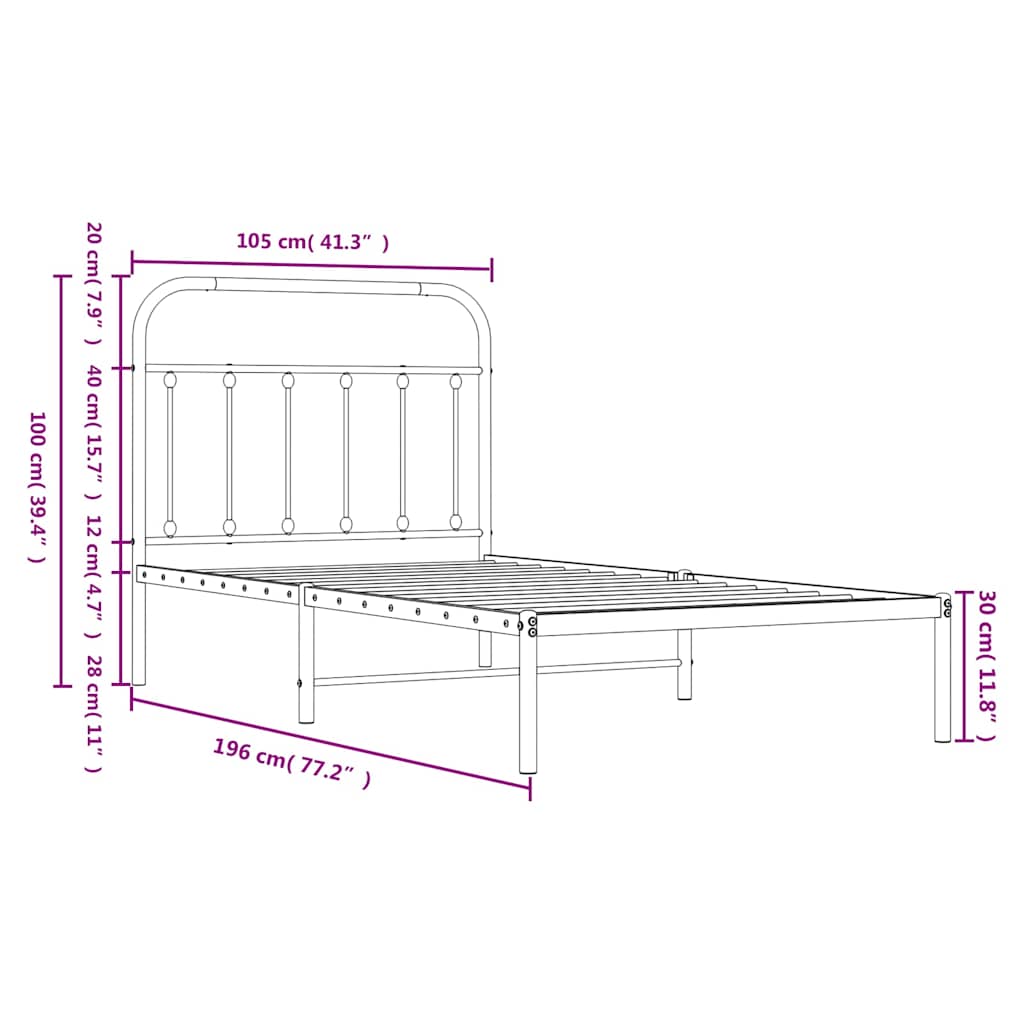 Metalni okvir za krevet s uzglavljem crni 100x190 cm