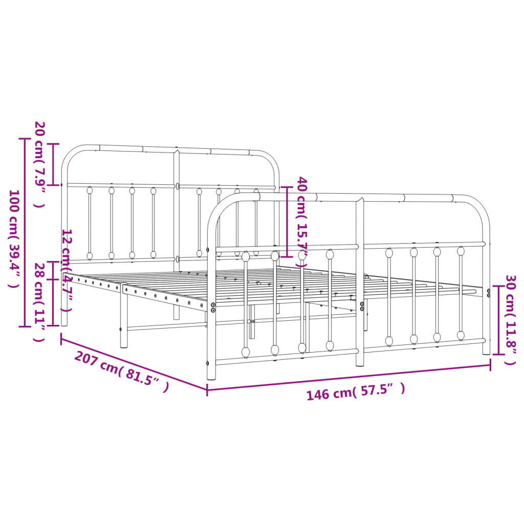 Metalni okvir kreveta uzglavlje i podnožje crni 140x200 cm