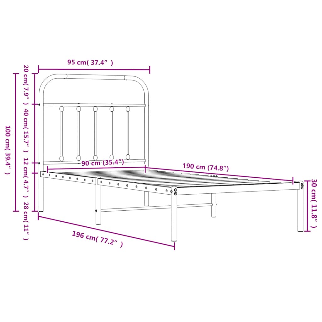 Metalni okvir za krevet s uzglavljem bijeli 90 x 190 cm