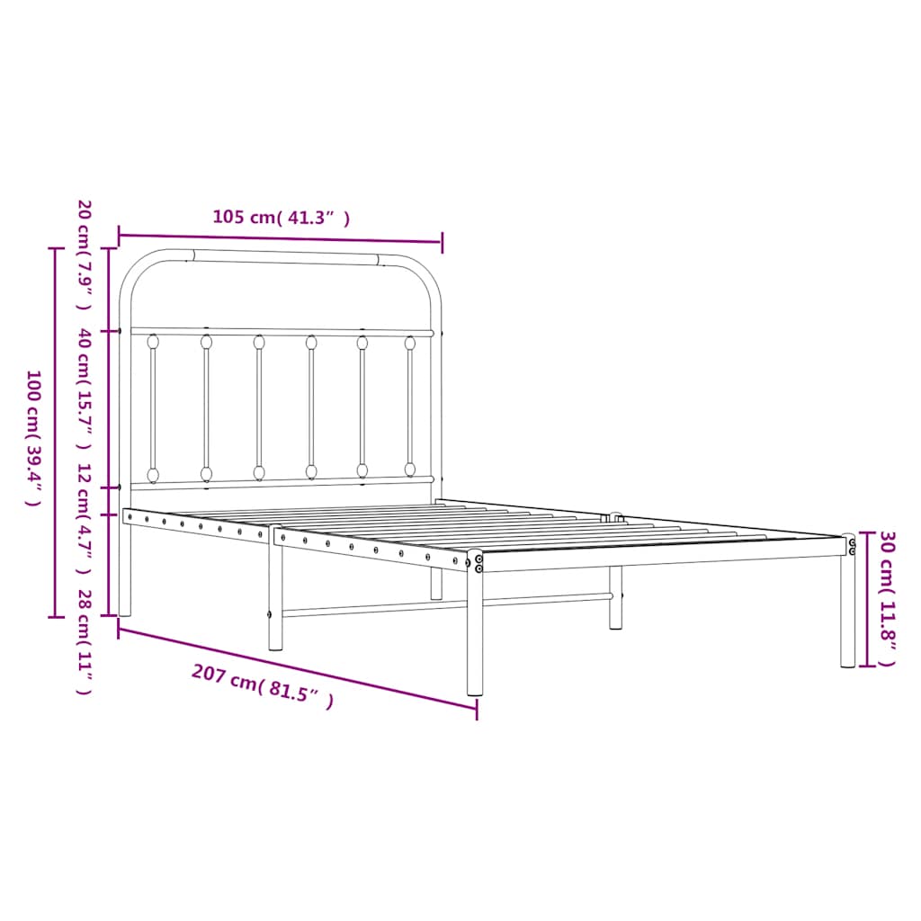 Metalni okvir za krevet s uzglavljem bijeli 100x200 cm