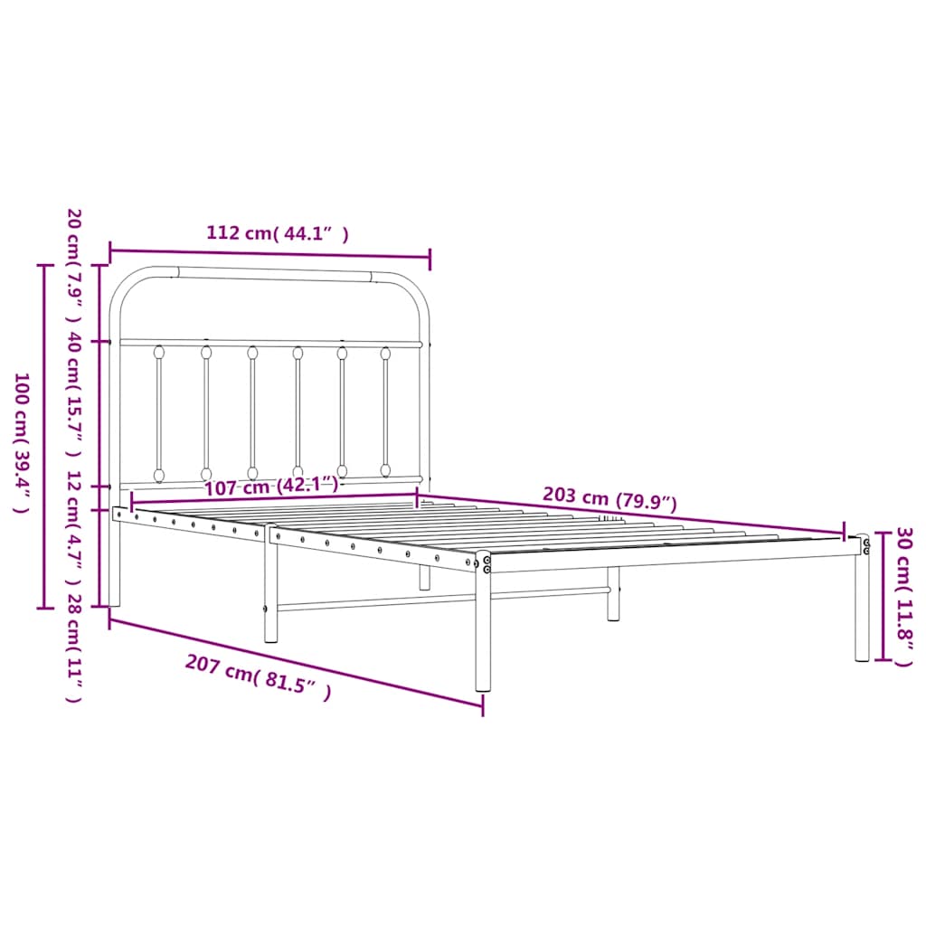 Metalni okvir za krevet s uzglavljem bijeli 107x203 cm