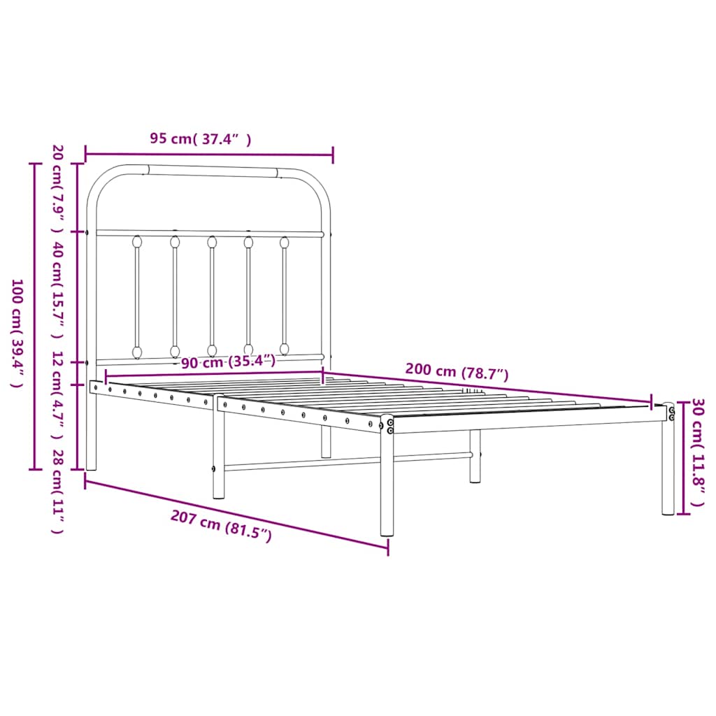 Metalni okvir kreveta uzglavlje i podnožje bijeli 90 x 200 cm