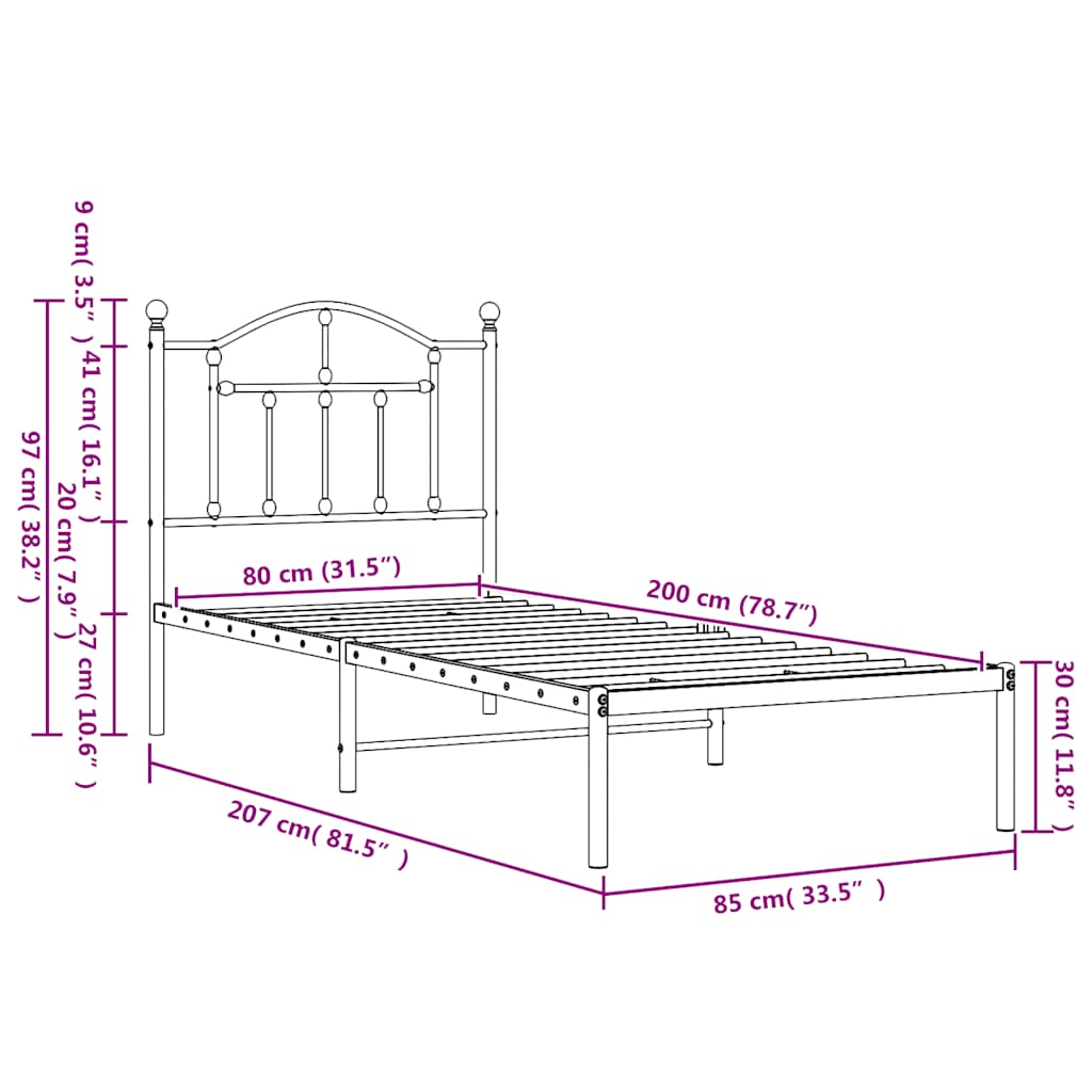 Metalni okvir za krevet s uzglavljem crni 80x200 cm