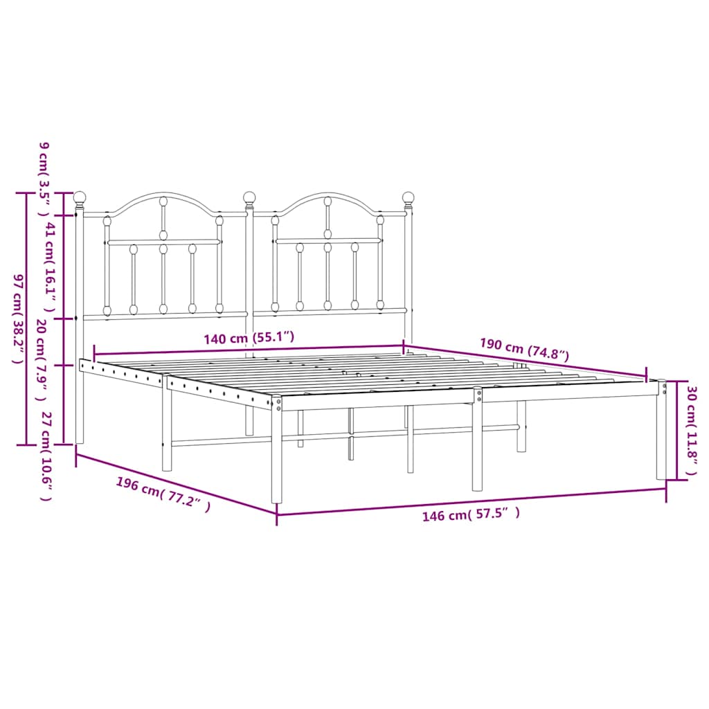 Metalni okvir za krevet s uzglavljem crni 140x190 cm