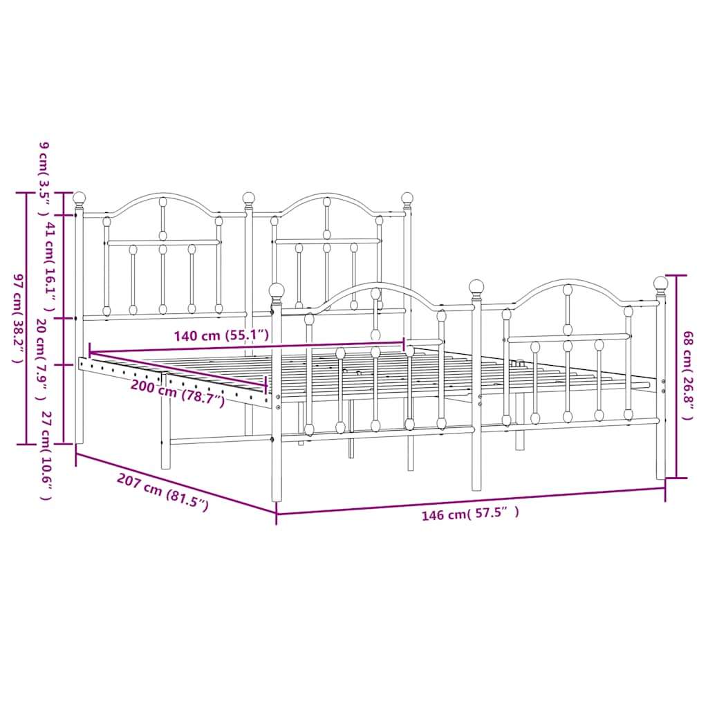 Metalni okvir kreveta uzglavlje i podnožje crni 140x200 cm