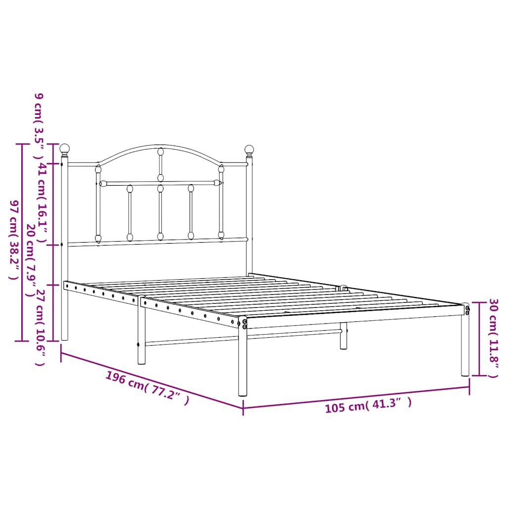 Metalni okvir za krevet s uzglavljem bijeli 100x190 cm