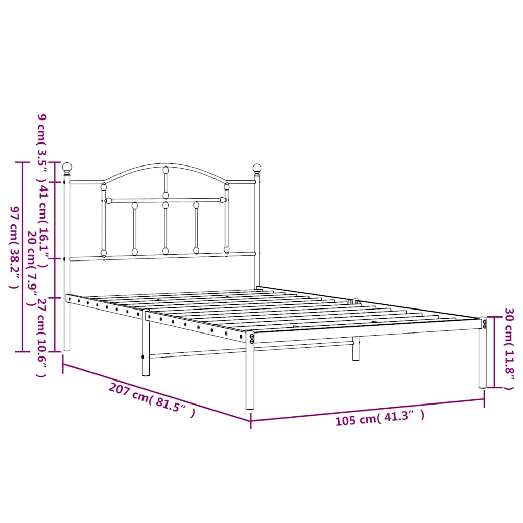 Metalni okvir za krevet s uzglavljem bijeli 100x200 cm