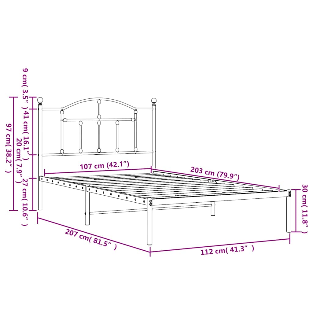 Metalni okvir za krevet s uzglavljem bijeli 107x203 cm
