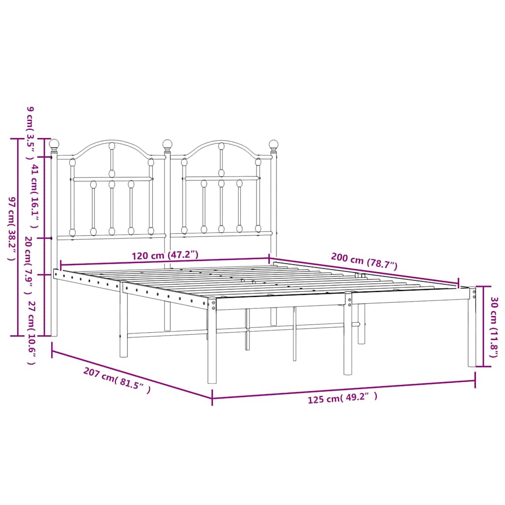 Metalni okvir za krevet s uzglavljem bijeli 120x200 cm
