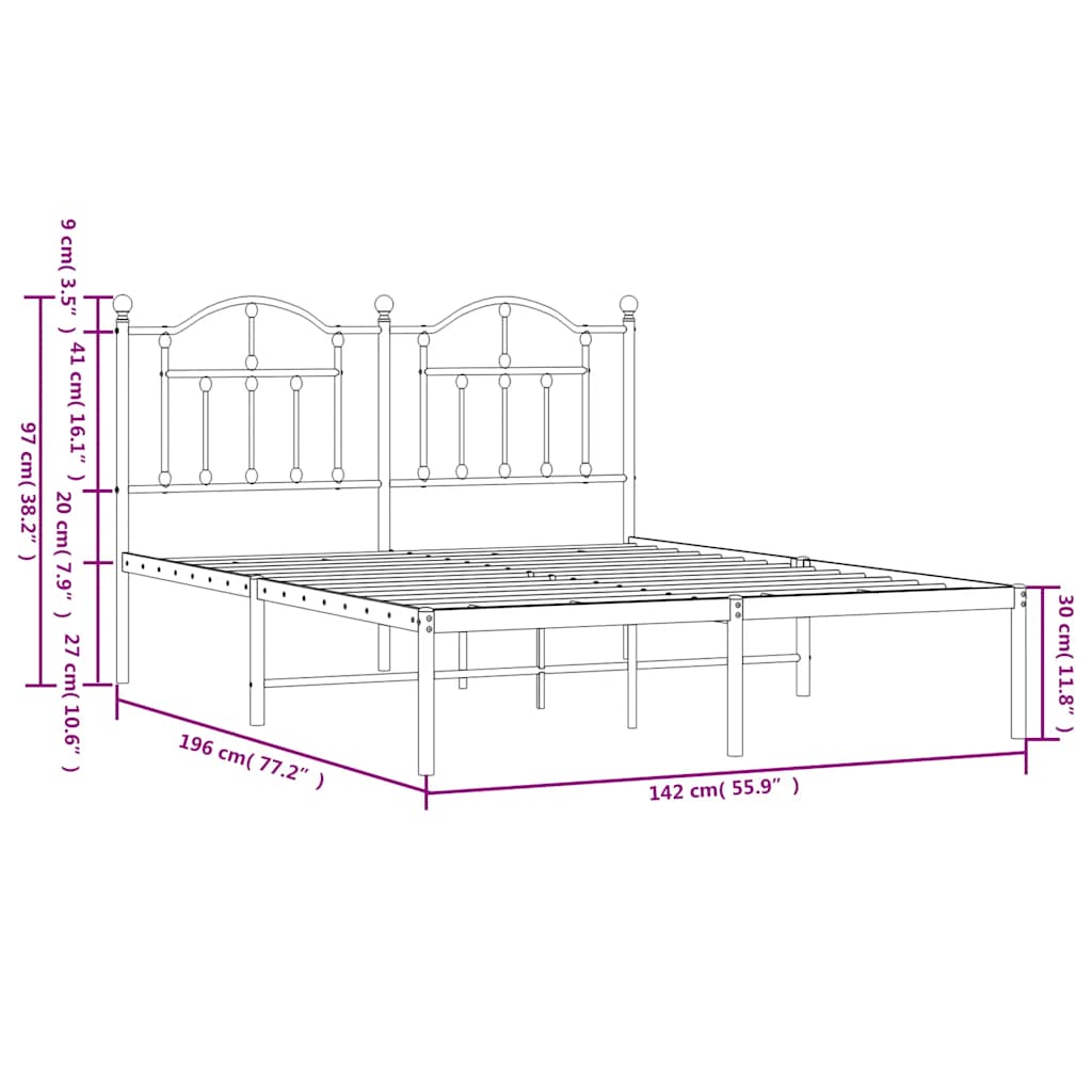 Metalni okvir za krevet s uzglavljem bijeli 135x190 cm