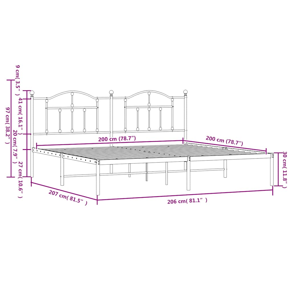 Metalni okvir za krevet s uzglavljem bijeli 200x200 cm