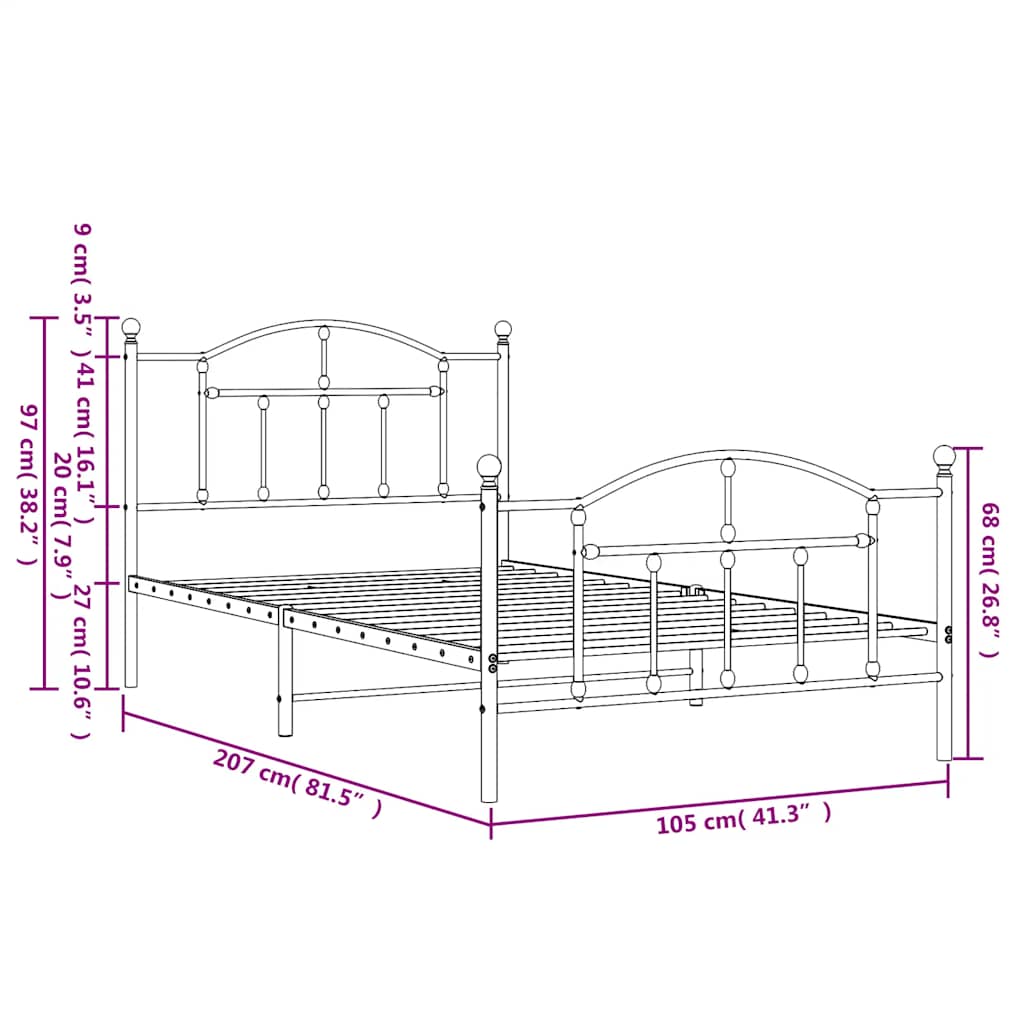 Metalni okvir kreveta uzglavlje i podnožje bijeli 100x200 cm
