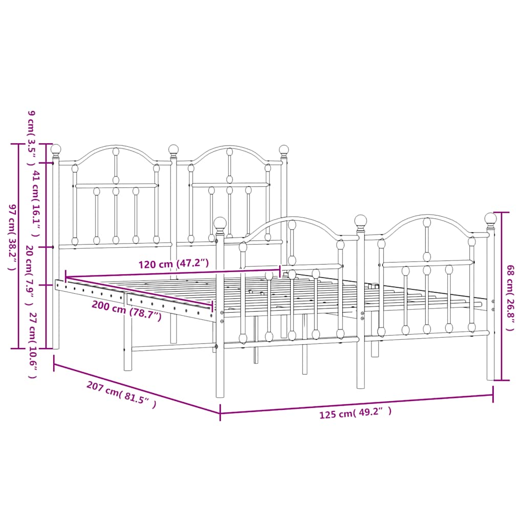 Metalni okvir kreveta uzglavlje i podnožje bijeli 120x200 cm