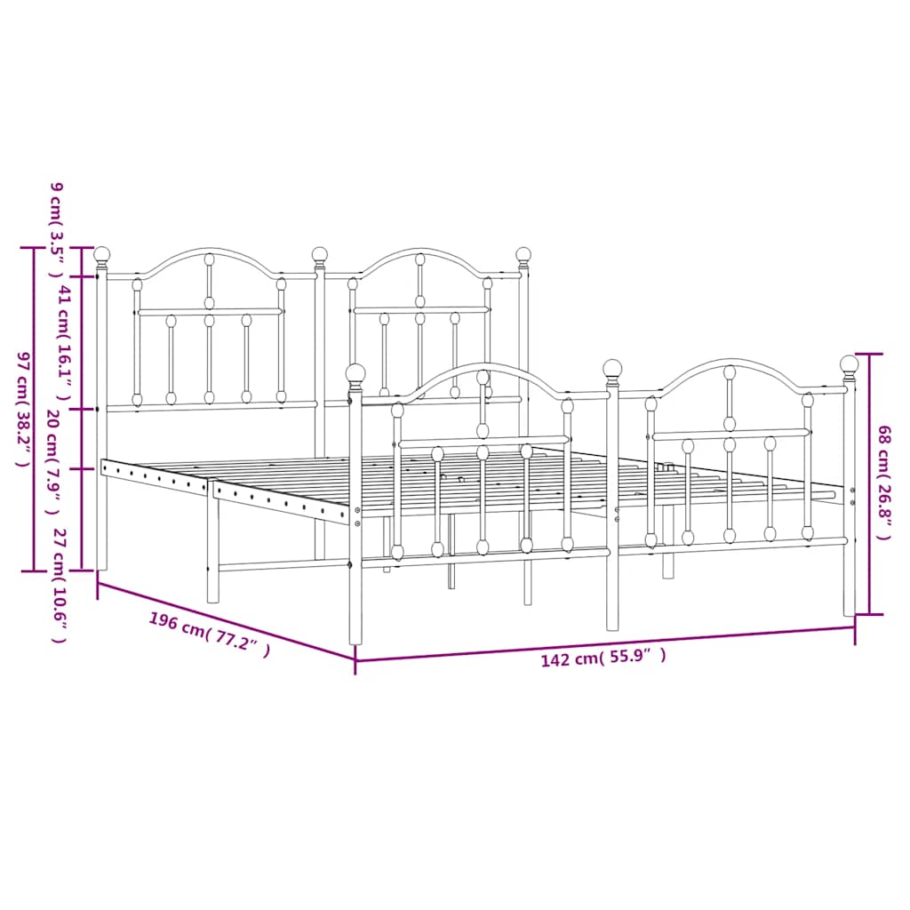 Metalni okvir kreveta uzglavlje i podnožje bijeli 135 x 190 cm