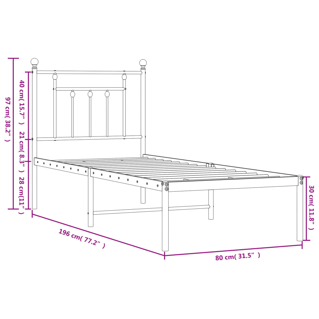 Metalni okvir za krevet s uzglavljem crni 75x190 cm
