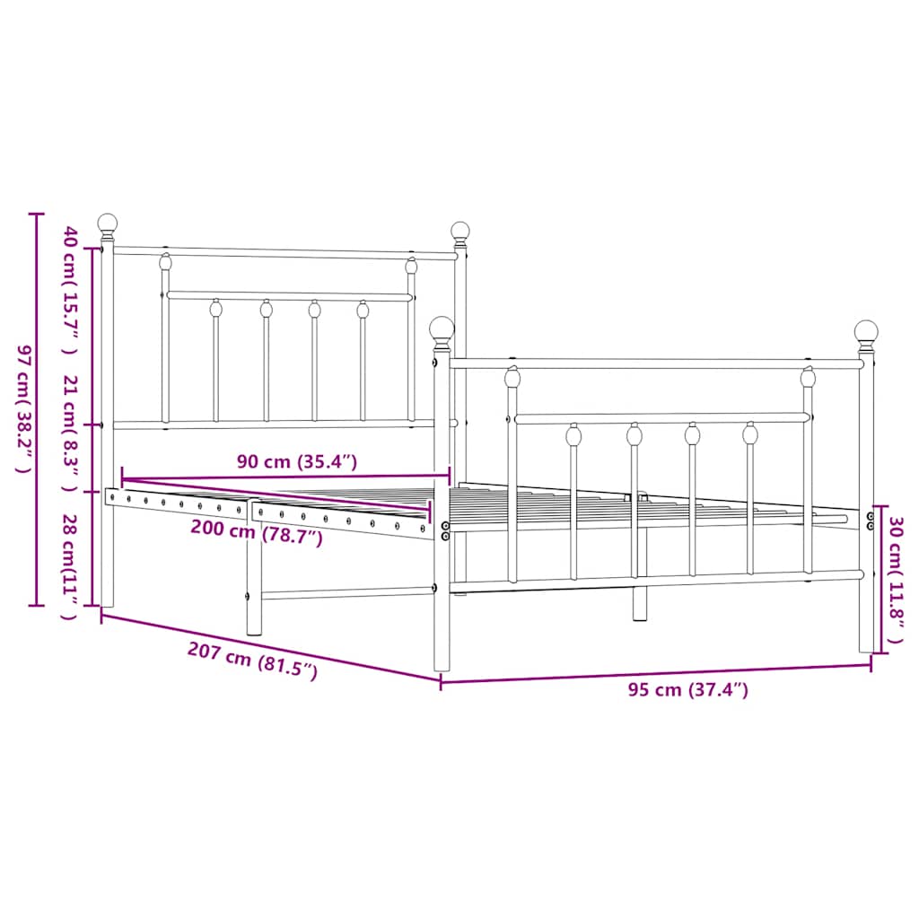 Metalni okvir kreveta uzglavlje i podnožje crni 90 x 200 cm