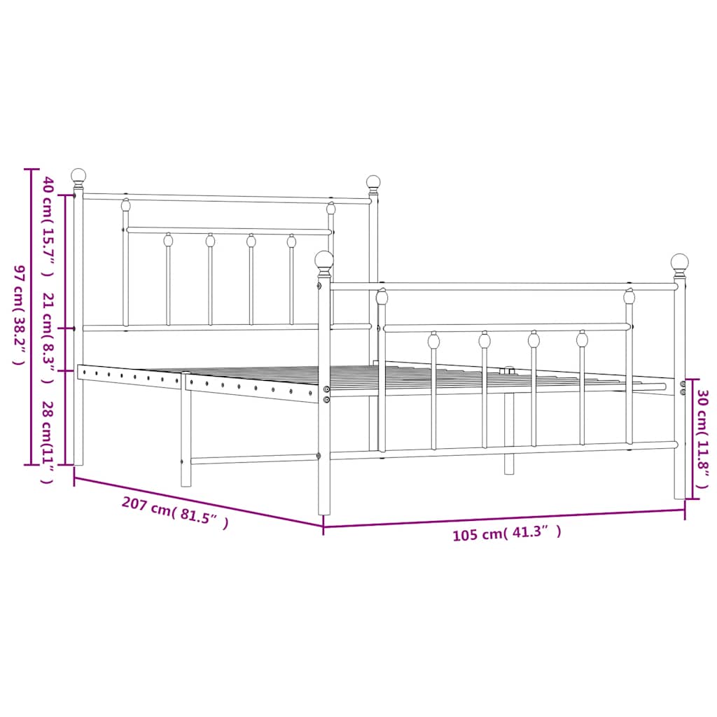 Metalni okvir kreveta uzglavlje i podnožje crni 100x200 cm