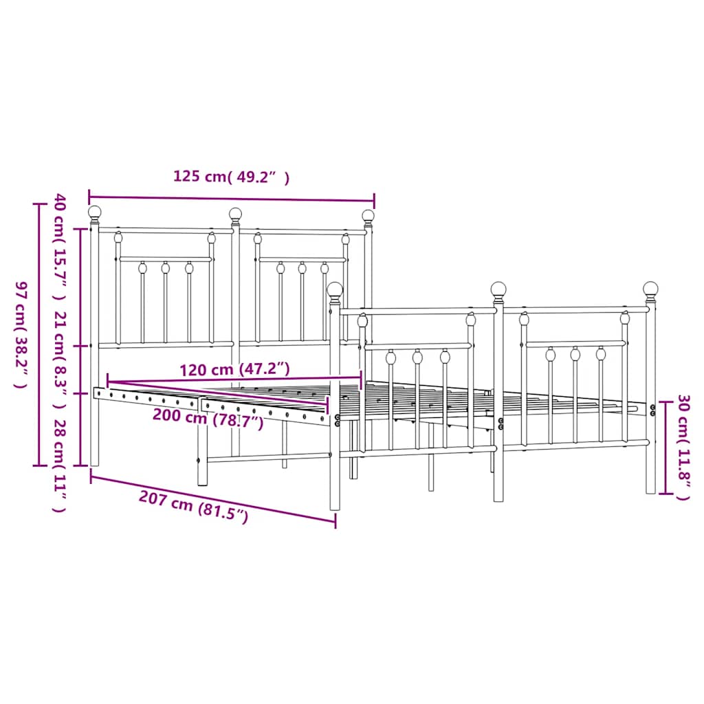 Metalni okvir kreveta uzglavlje i podnožje crni 120x200 cm