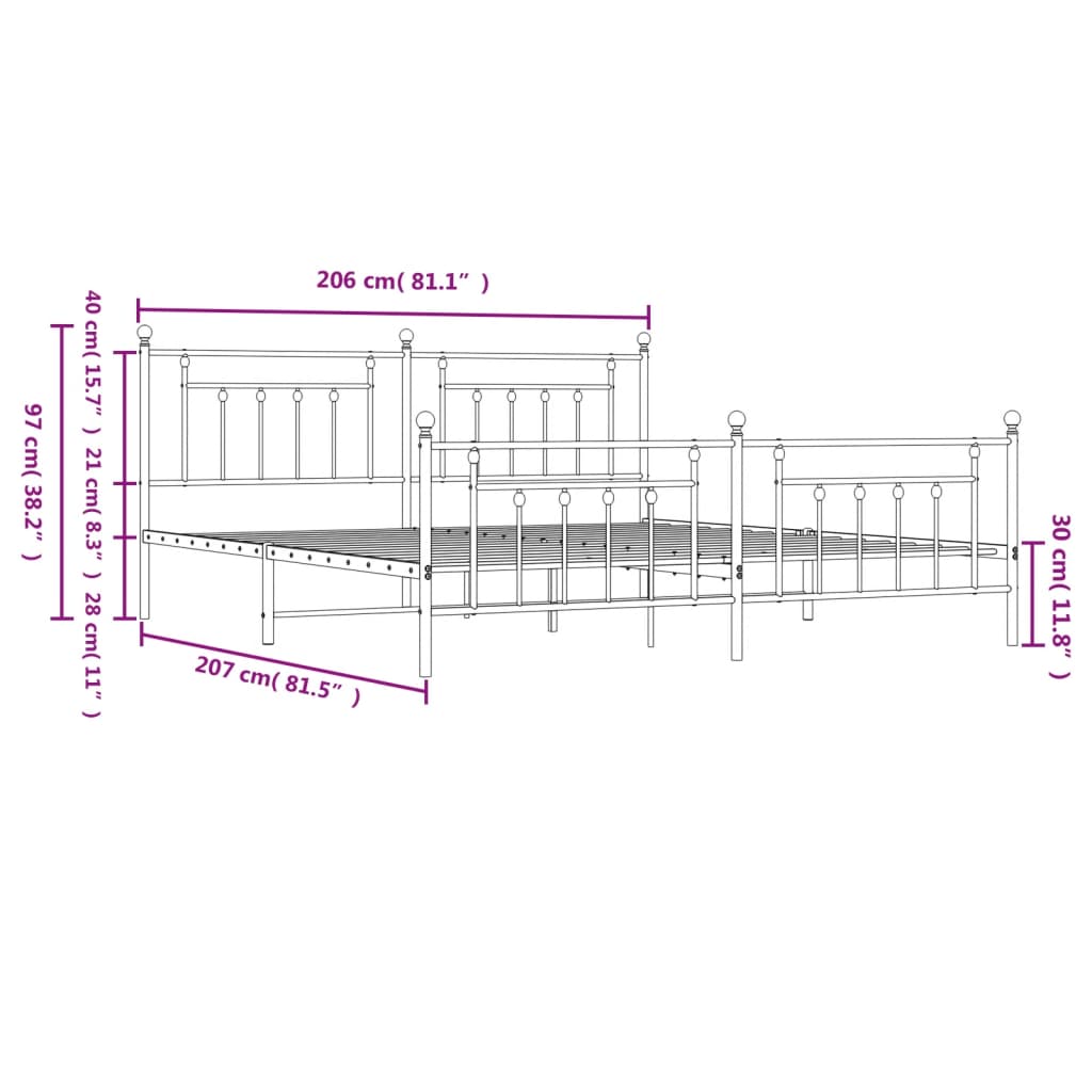 Metalni okvir kreveta uzglavlje i podnožje crni 200x200 cm