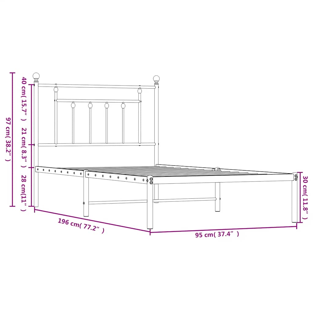 Metalni okvir za krevet s uzglavljem bijeli 90 x 190 cm