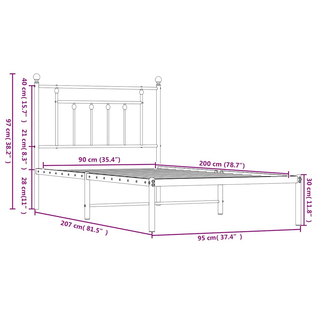 Metalni okvir za krevet s uzglavljem bijeli 90x200 cm
