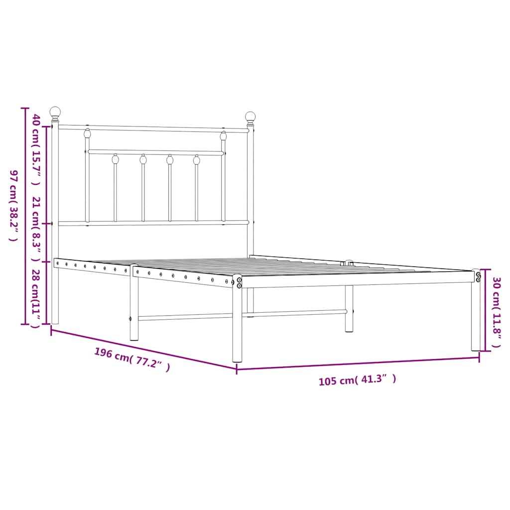 Metalni okvir za krevet s uzglavljem bijeli 100x190 cm