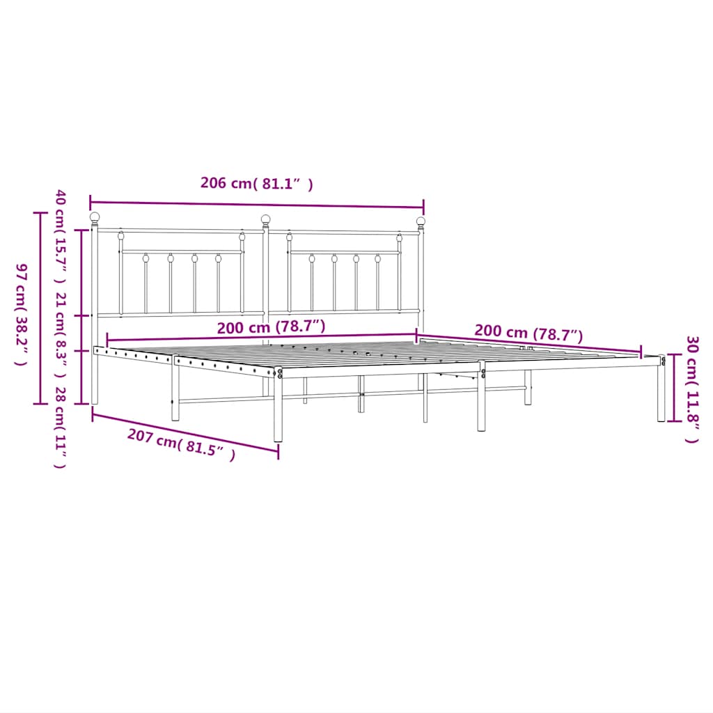 Metalni okvir za krevet s uzglavljem bijeli 200x200 cm