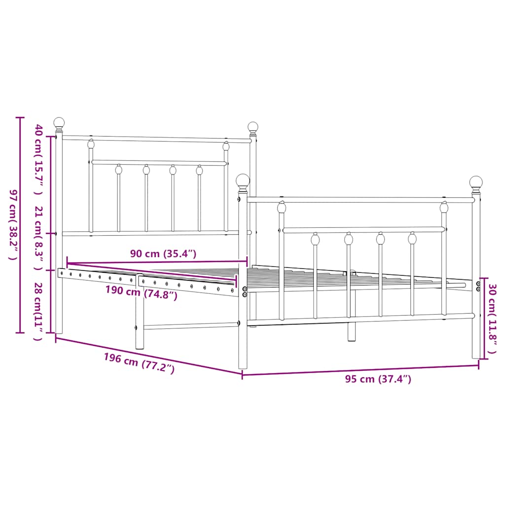 Metalni okvir kreveta uzglavlje i podnožje bijeli 90x190 cm