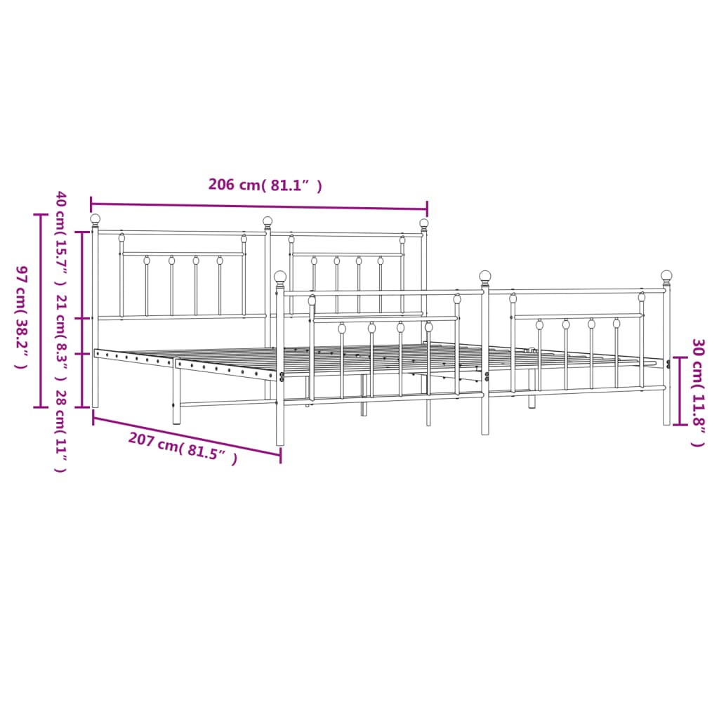 Metalni okvir kreveta uzglavlje i podnožje bijeli 200x200 cm