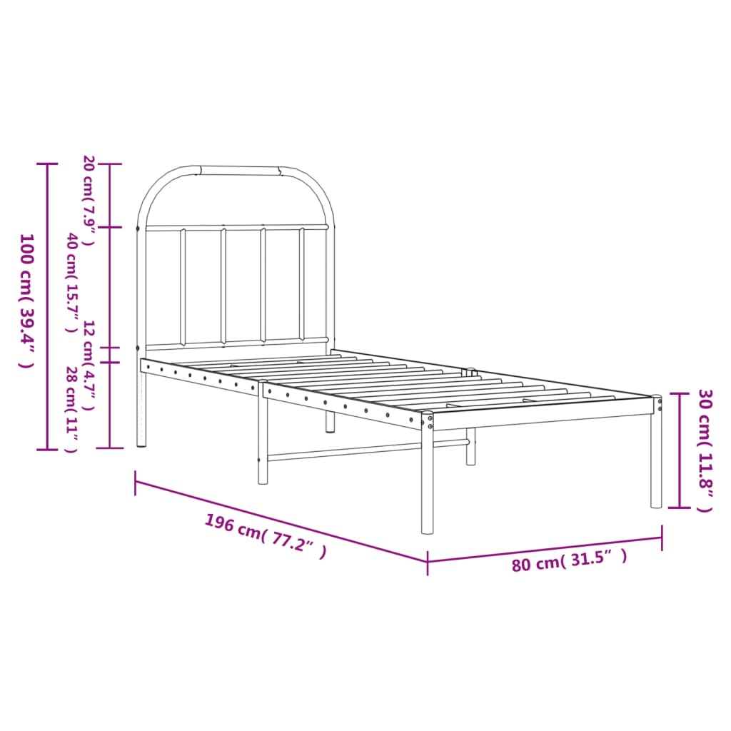 Metalni okvir za krevet s uzglavljem crni 75x190 cm