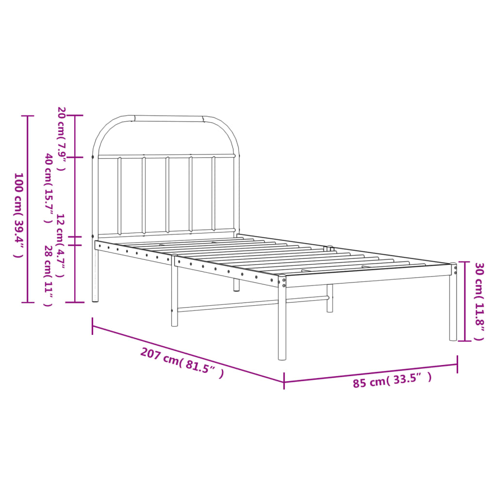 Metalni okvir za krevet s uzglavljem crni 80x200 cm