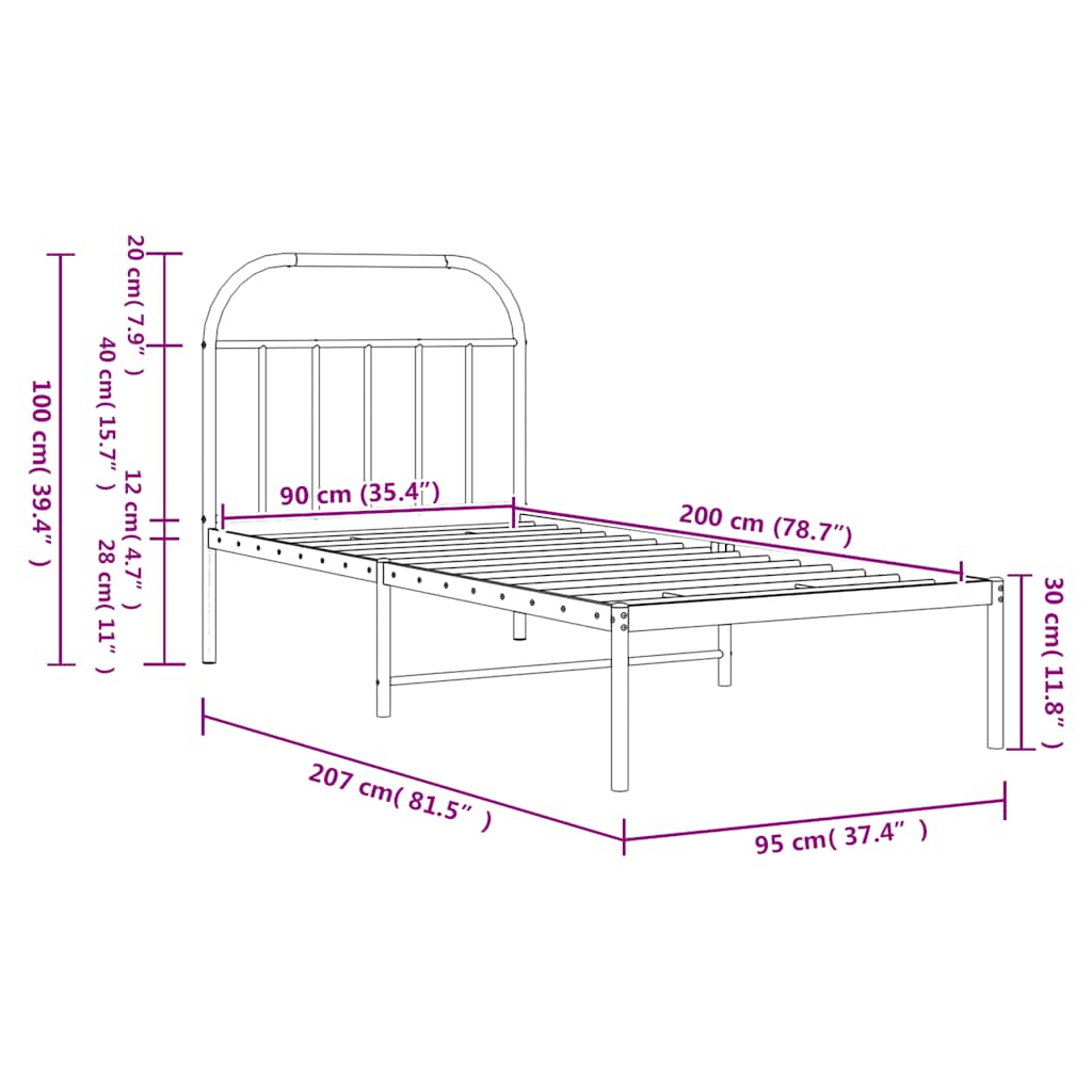 Metalni okvir za krevet s uzglavljem crni 90x200 cm