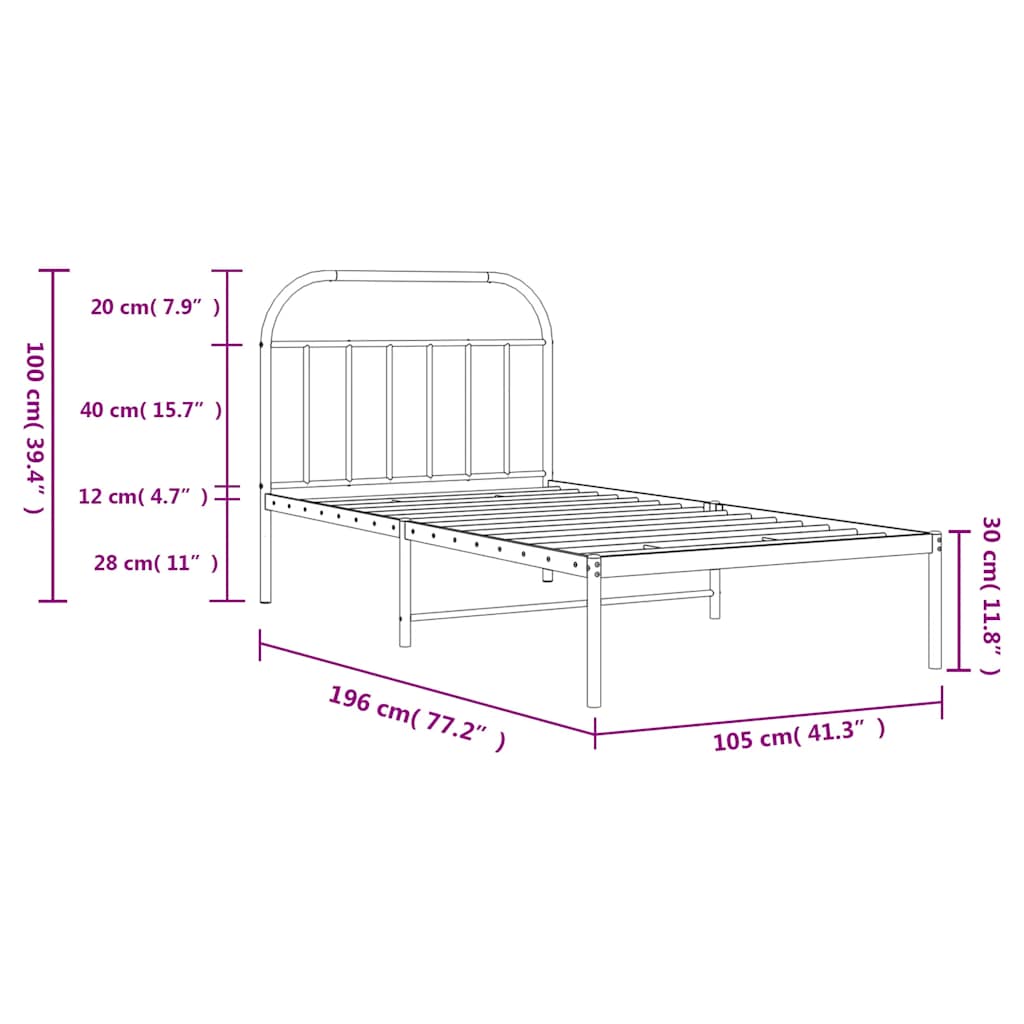 Metalni okvir za krevet s uzglavljem crni 100x190 cm