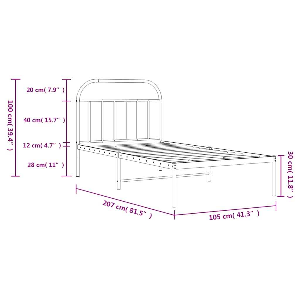 Metalni okvir za krevet s uzglavljem crni 100x200 cm