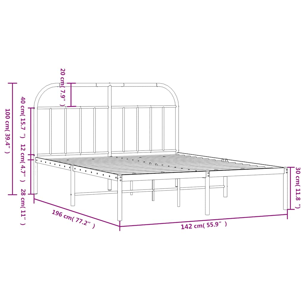 Metalni okvir za krevet s uzglavljem crni 135x190 cm