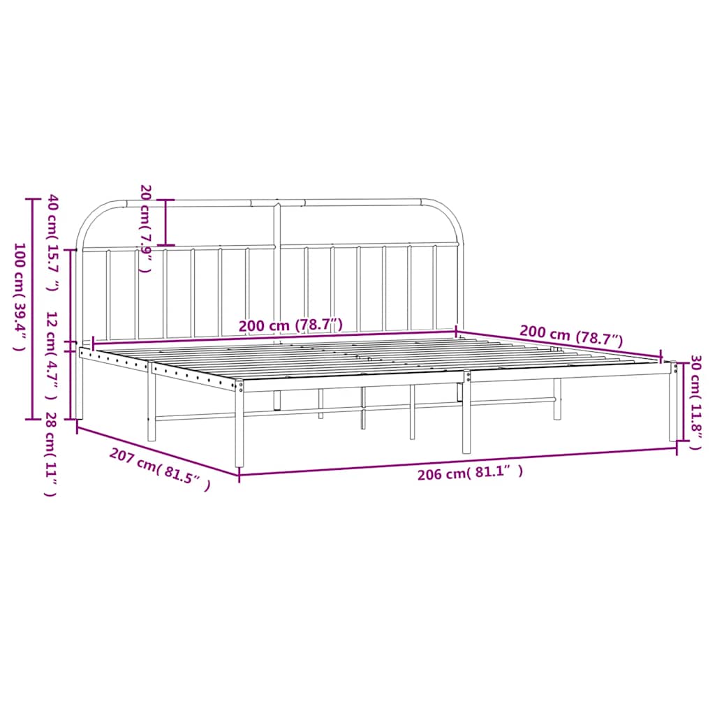 Metalni okvir za krevet s uzglavljem crni 200x200 cm