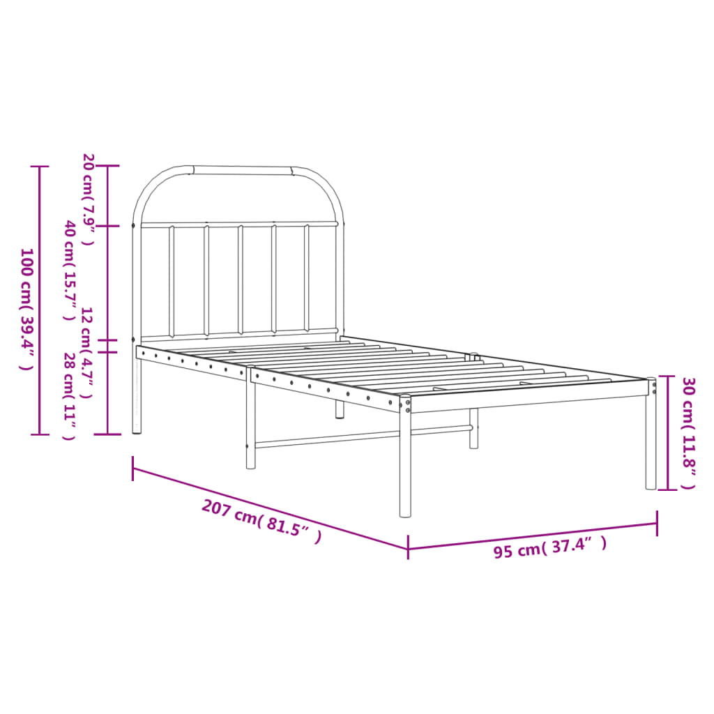 Metalni okvir za krevet s uzglavljem bijeli 90x200 cm