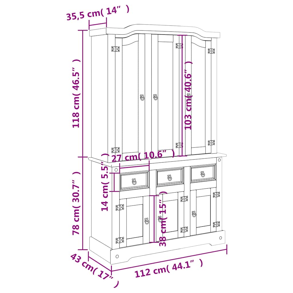 Visoka komoda Corona smeđa 112x43x196 cm borovina meksički stil