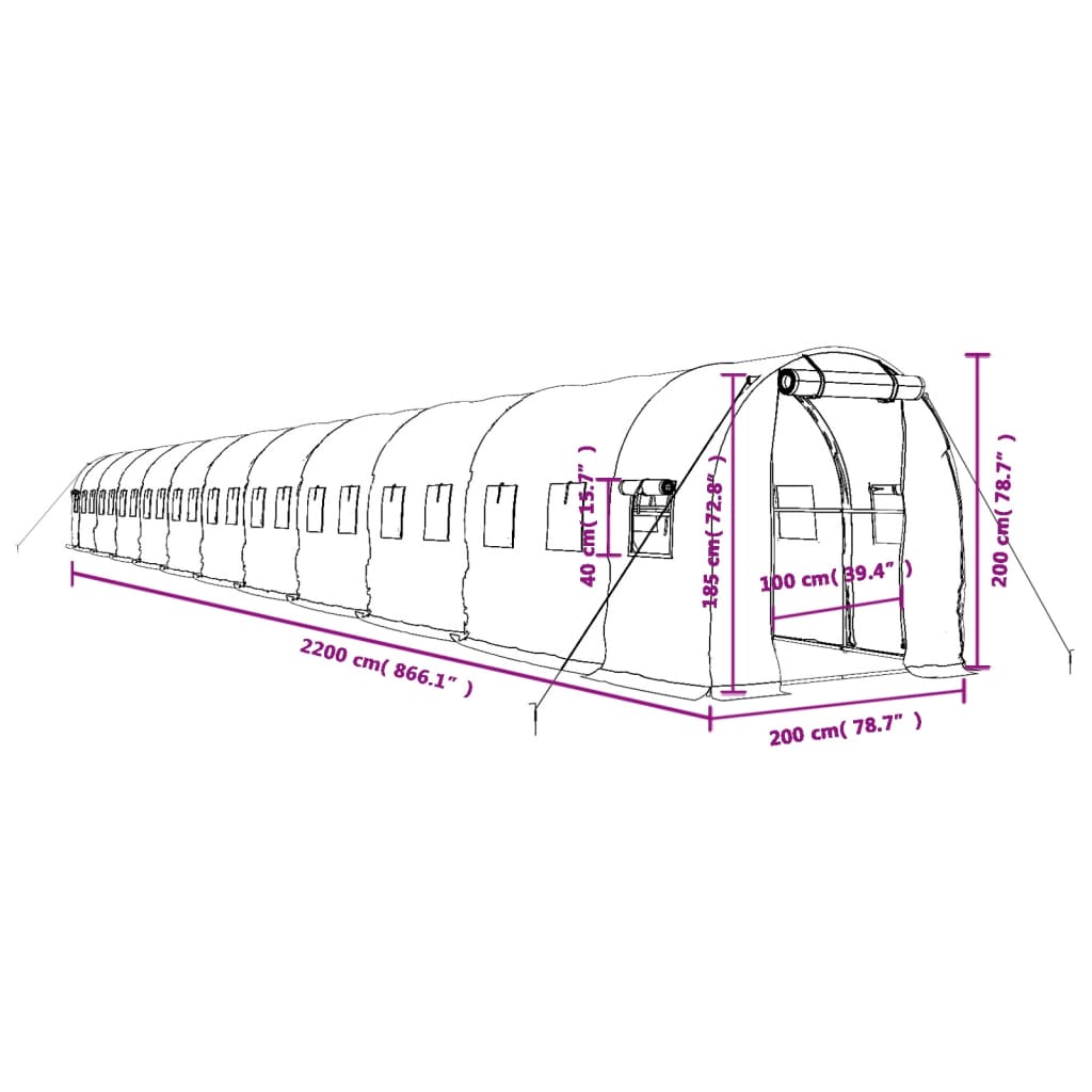 Staklenik s čeličnim okvirom zeleni 44 m² 22 x 2 x 2 m