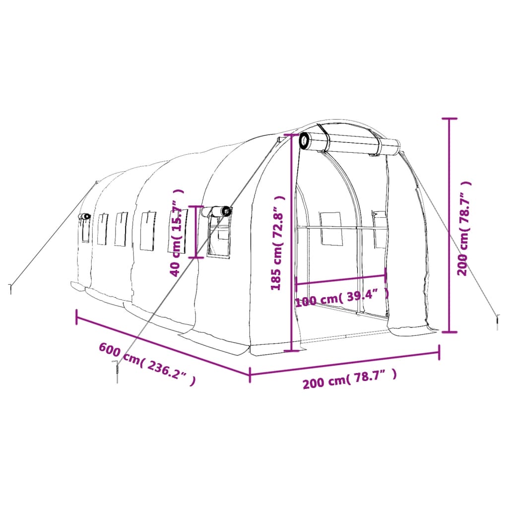 Staklenik s čeličnim okvirom bijeli 12 m² 6 x 2 x 2 m